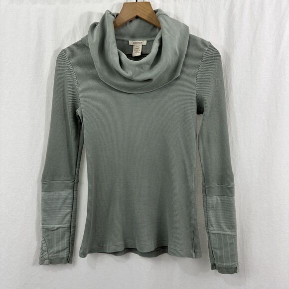 Sundance Sage Mint Green Waffle Cowl Neck Cuffs Henley Top Womens Size S Boho - Picture 1 of 8